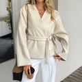 Women's beige long sleeve cardigan jacket with belted tie waist for leisure vacation style - S / Apricot