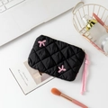 Quilted black nylon floral pouch with pink bow embroidery and braided zipper pull - Black Fabric with Embroidered Bow