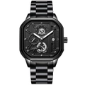 Poedagar black square men's watch with luminous multifunctional dial and steel strap - 6288 Black Case Silver Marker Steel Band (Non-functional Sub-dials)