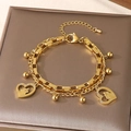 Double-layered gold heart bracelet with rhinestone inlay and portrait charms - Heart Rhinestone Portrait Style (KB203671-Z)