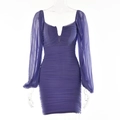 Detail von lila Netzärmeln und gerafftem Bodycon-Kleid mit tiefem V-Ausschnitt-Design - S / Lila