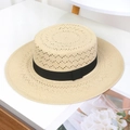 Flat top straw sun hat in beige with black ribbon detail and wide brim for summer - Diamond Weave Boater Hat - Beige with Black Band