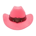 Detail of pink faux suede cowboy hat featuring a paisley band and crystal heart buckle - One Size / Rose Pink (Big Heart)