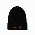 Close-up of black knitted beanie featuring embroidered yellow eyes with red vertical tear lines - M (56-58cm) / Black