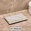 Bandeja de baño de lujo con marco de metal dorado y base de mármol blanco, 28,5x18,5cm - Grande Oro Blanco (Tablero UV)