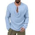 Close-up of light blue linen-textured long-sleeved Henley shirt with button details - S / Top (YZ-1) / Light Blue