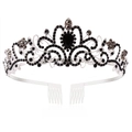 Elegant bridal tiara with black and clear crystals on a metal frame with hair combs - Silver Base Black Rhinestone