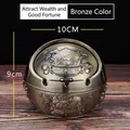 Bronze metal ashtray with lid featuring Zhaocai Jinbao carvings, 10cm x 9cm size - Bronze Wealth Luck