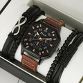 Mens fashion square quartz watch with brown leather strap and beaded bracelet gift set - HK064 Watch & Bracelet Collection (Without Box) / Brown