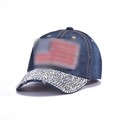 Navy blue denim baseball cap featuring sparkling silver rhinestones on the curved brim - Stud Distressed Style (Dark Blue)