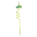 Detail of yellow-green spiral straw with a blue and yellow soccer cleat charm decoration - Yellow