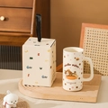 Happy Puppy ceramic mug gift set with beige polka dot patterns and a matching gift box - Dachshund Hot Dog