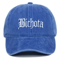 Detailed view of Bichota white gothic embroidery on blue washed cotton baseball cap - Sapphire Blue