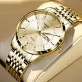 Business quartz watch in gold finish with day-date display and linked steel strap - Gold Gold Face