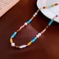 Detail view of Baroque pearl and colorful crystal beads on a vintage aesthetic necklace - Colorful Faux Stone Tiger Eye Pearl Necklace (#12)
