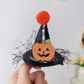 Sparkly black witch hat hair clip with orange pompom and glitter pumpkin face - Sequins Pumpkin Mesh Wizard Hat