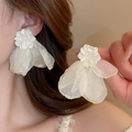 White flower earrings in shimmering organza fabric for a stylish summer beach vacation look - 43# Silver Needle - Blue White Petal Tassel