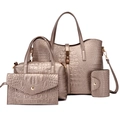 4-teiliges Set Champagner-Handtaschen mit Krokoprägung, Shopper und Umhängetasche - Champagner