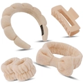 4-piece beige flannel headband and wristband set with a matte shark clip for face washing - Beige Comprehensive Hair Accessory Set