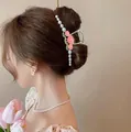 Elegant silver metal hair claw with pink peach blossoms and white faux pearls - Pink Pearl-YZAP45-23