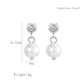 Silver stainless steel C-shape earrings with 8mm pearl and zircon, 18.82mm length - Single Zircon Stud with Pearl / Silver (LE3063)