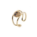 Macro detail of gold plated punk ring with pavé zircon smiley face and open band - Adjustable Open / Blue Eyes White Zirconia Smile Face