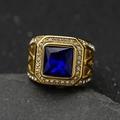 Men's gold-plated stainless steel ring with a large square blue gem and pavé diamonds - Gold + Blue Stone