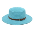 Detail of sky blue straw hat with flat top and brown leather belt buckle strap - M (56-58cm) / Lake Blue