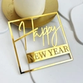 Golden acrylic Happy New Year cake topper in square frame on white background - Square Happy New Year / Gold