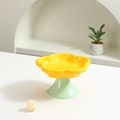 Yellow flower-shaped ceramic elevated cat bowl with green base for neck protection - Yellow/Green