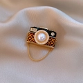 Macro detail of vintage camera brooch with 14k gold plating, pearl lens and enamel inlay - 11# Gold - Black