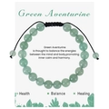 Handmade green aventurine beaded bracelet with adjustable black woven cord on display card - Green Aventurine Bracelet