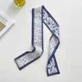 Long silk scarf with vintage navy floral patterns on white, used as a hair or bag ribbon - Navy Blue Blue and White Porcelain