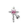 Silver stainless steel cross earring with pink zircon stone on white background - Pink Square Stone Cross Style (ER3072102)