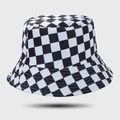 Detailed view of black and white checkerboard pattern on stylish flat-top bucket hat - M / Black and White Checkerboard (White Inside)