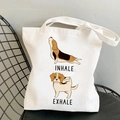 White canvas tote bag featuring cute Beagle dog yoga inhale exhale cartoon illustrations - Inhale Exhale Beagle Yoga