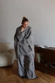 Detailed knit texture on grey V-neck sweater and wide-leg trousers lounge set - S / Gray