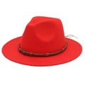 Close-up of red wool fedora featuring bronze skull metal buckles and cord band detail - Orange Red