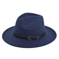 Close-up of a dark blue wool fedora hat featuring a black belt with silver metal buckle - M (56-58cm) / Navy Blue
