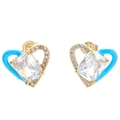 Golden heart stud earrings with sky blue enamel and sparkling cubic zirconia stones - Gold Blue