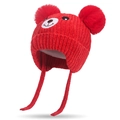 Red knit baby hat with bear face embroidery and double faux fur pom-poms earflaps - One Size / Red