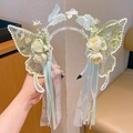 Kids butterfly headband in light green and white with lace flowers and pearls - Butterfly Design / Green