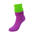 Slouch socks for men and women featuring neon green knit top and magenta purple body - Purple & Neon Green