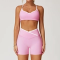 Rosa zweiteiliges Yoga-Set mit weißem Rand und Crossover-Sportshorts für Damen - S / Kirschblütenrosa (BH+Shorts)