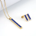 18K gold plated stainless steel jewelry set with blue pavé crystals in vertical bar design - Blue