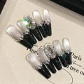 Handmade black silver gradient coffin press-on nails with luxury oversized rhinestones - Extra Small (XS) / 2676 Extra Long Coffin