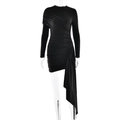 Elegante vestido corto negro de manga larga con detalles plisados y dobladillo asimétrico - S / Negro