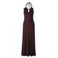 Detail of a dark brown halter dress with ruffled neckline and soft knit fabric texture - S / Dark Coffee