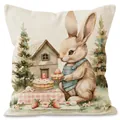 Easter rabbit and strawberry cake print linen pillowcase with watercolor bunny design - Rabbit Picnic Illustration