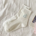 Cream crew socks featuring a blue cartoon puppy embroidery and ribbed cuffs design - White - Blue Dog